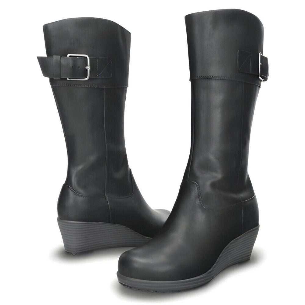 Crocs Aleigh Black Tall Equestrian Riding Wedge Buckle Boots Size 8